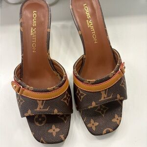 Louis Vuitton Brown Monogram Mules with Gold Accents